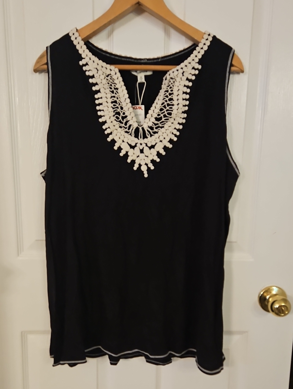 Max Studio Black Tank with Cream Crochet V-Neck Trim